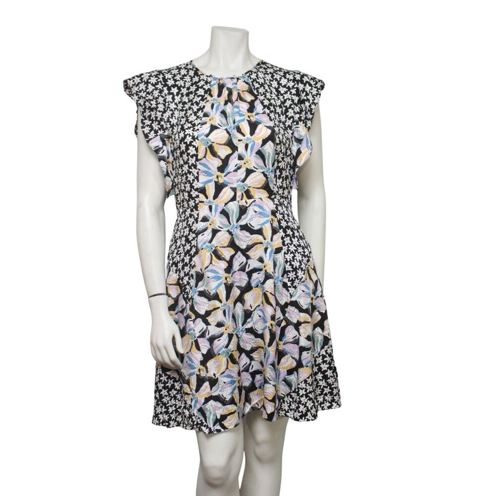 Rebecca Taylor Black Bow Fleur Mixed Print Silk Ruffle Sleeve Dress Size 8